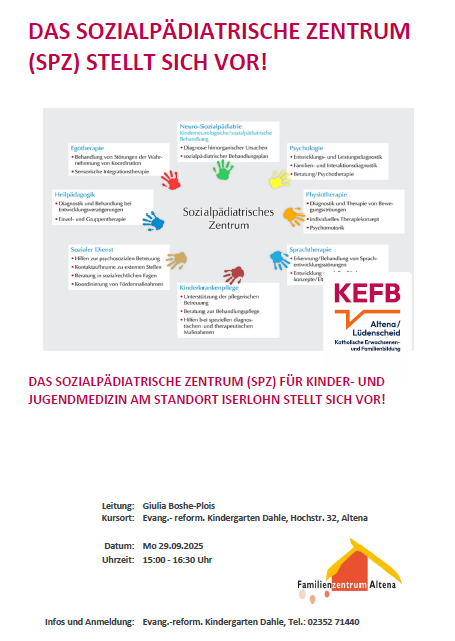 Plakat mit den Angeboten des Sozialpädiatrischen Zentrums